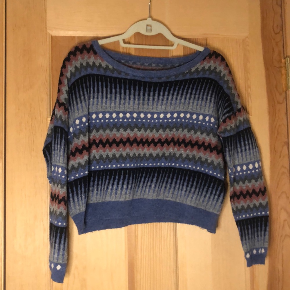 Blue tribal cropped sweater small